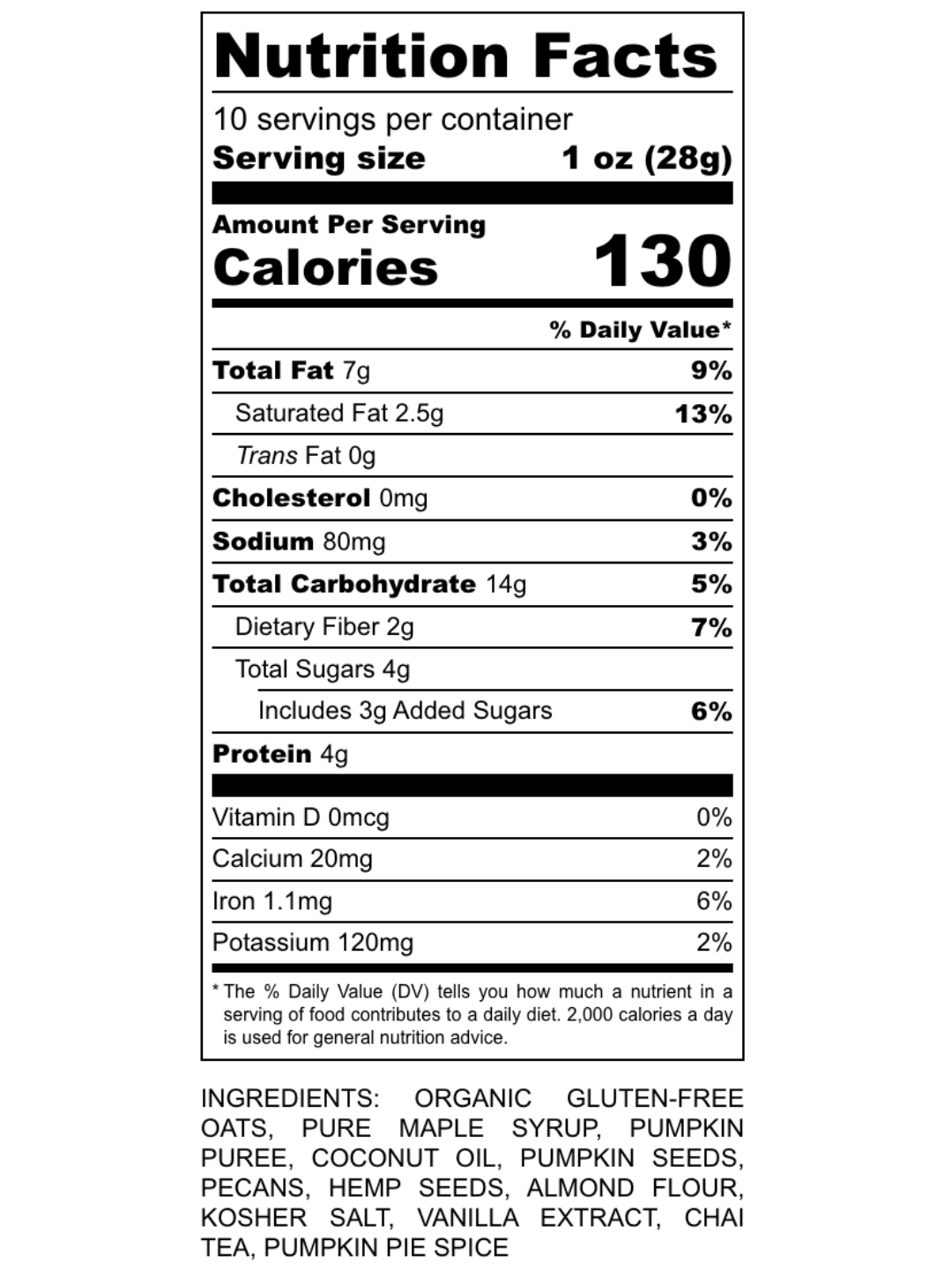 Pumpkin Chai nutrition facts label: 130 calories per 1oz serving